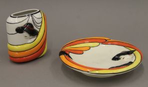 A Lorna Bailey dish and vase. The former 19 cm diameter.