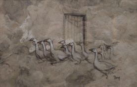 A picture of Geese, indistinctly signed, framed and glazed. 29 x 19 cm.