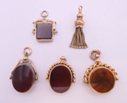 A 9 ct gold bloodstone and carnelian swing fob, a 9 ct gold bloodstone and carnelian swing fob,