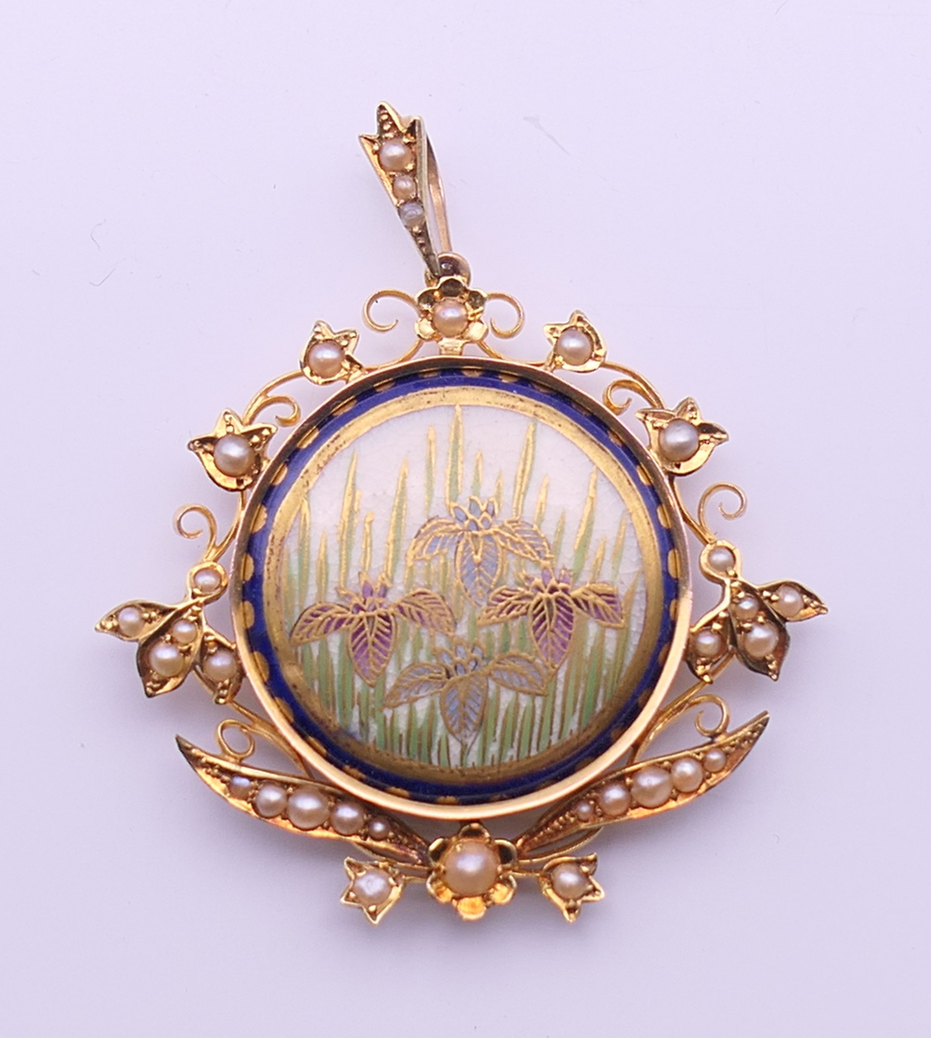 A gold and seed pearl pendant centred with a Satsuma porcelain plaque. 4 cm wide. - Image 6 of 13
