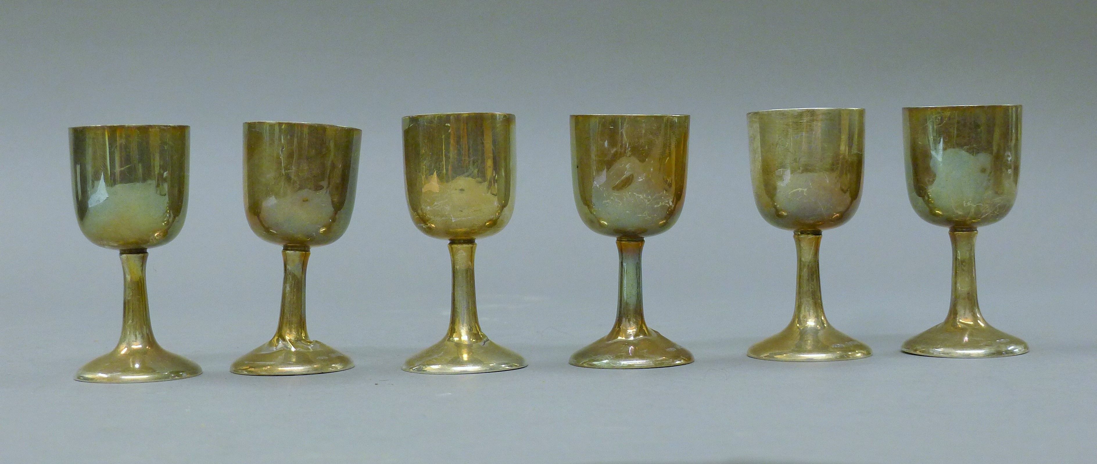 Six small silver wine cups, two sterling silver brushes and a mirror. The cups each 7.5 cm high. - Image 2 of 6