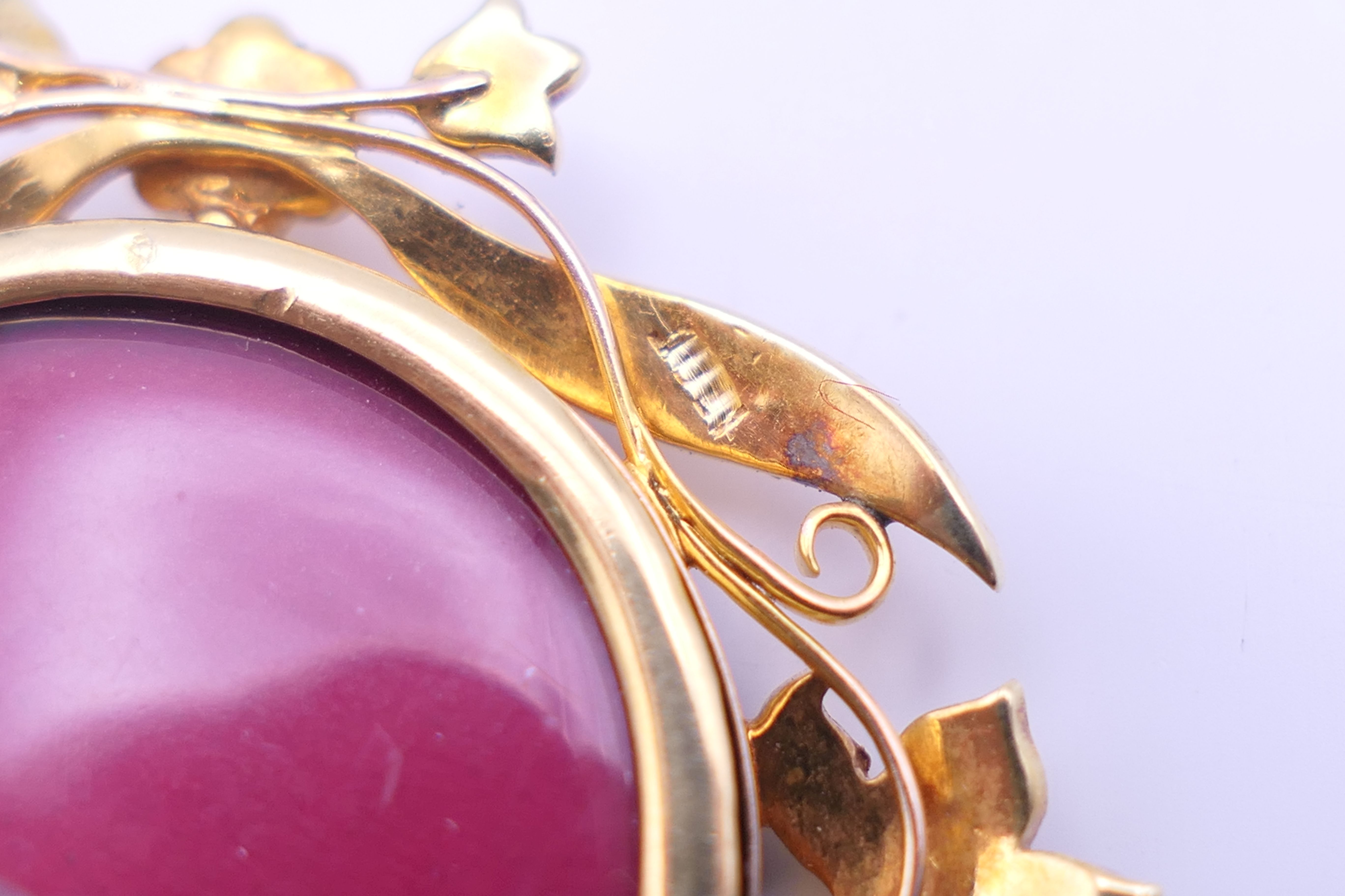 A gold and seed pearl pendant centred with a Satsuma porcelain plaque. 4 cm wide. - Image 12 of 13