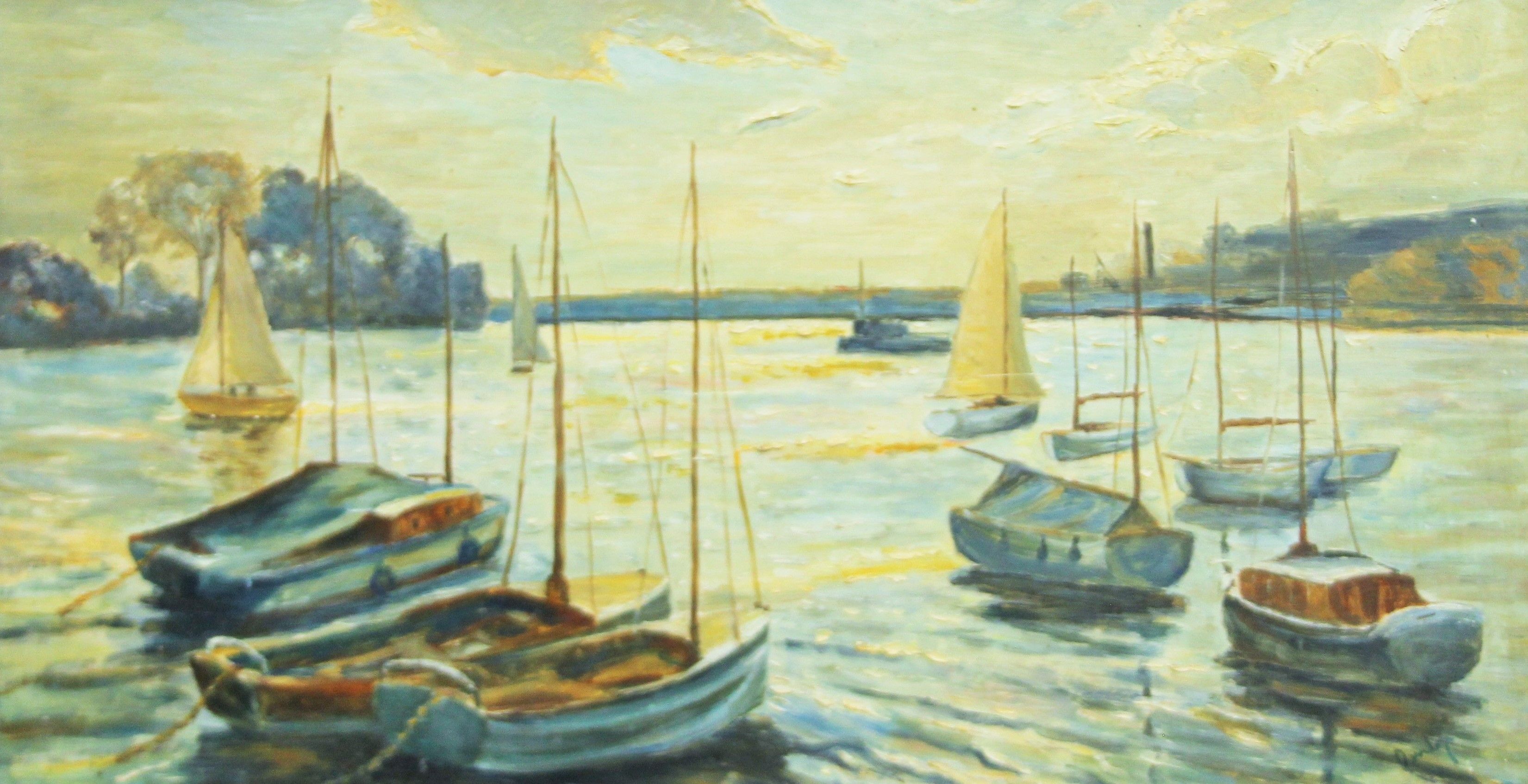 RONALD OSSORY DUNLOP (1894-1973) Irish (AR), Boats on the Thames, oil on board, signed DUNLOP,