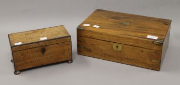 A Victorian walnut writing slope and a mahogany tea caddy. The former 35 cm wide.