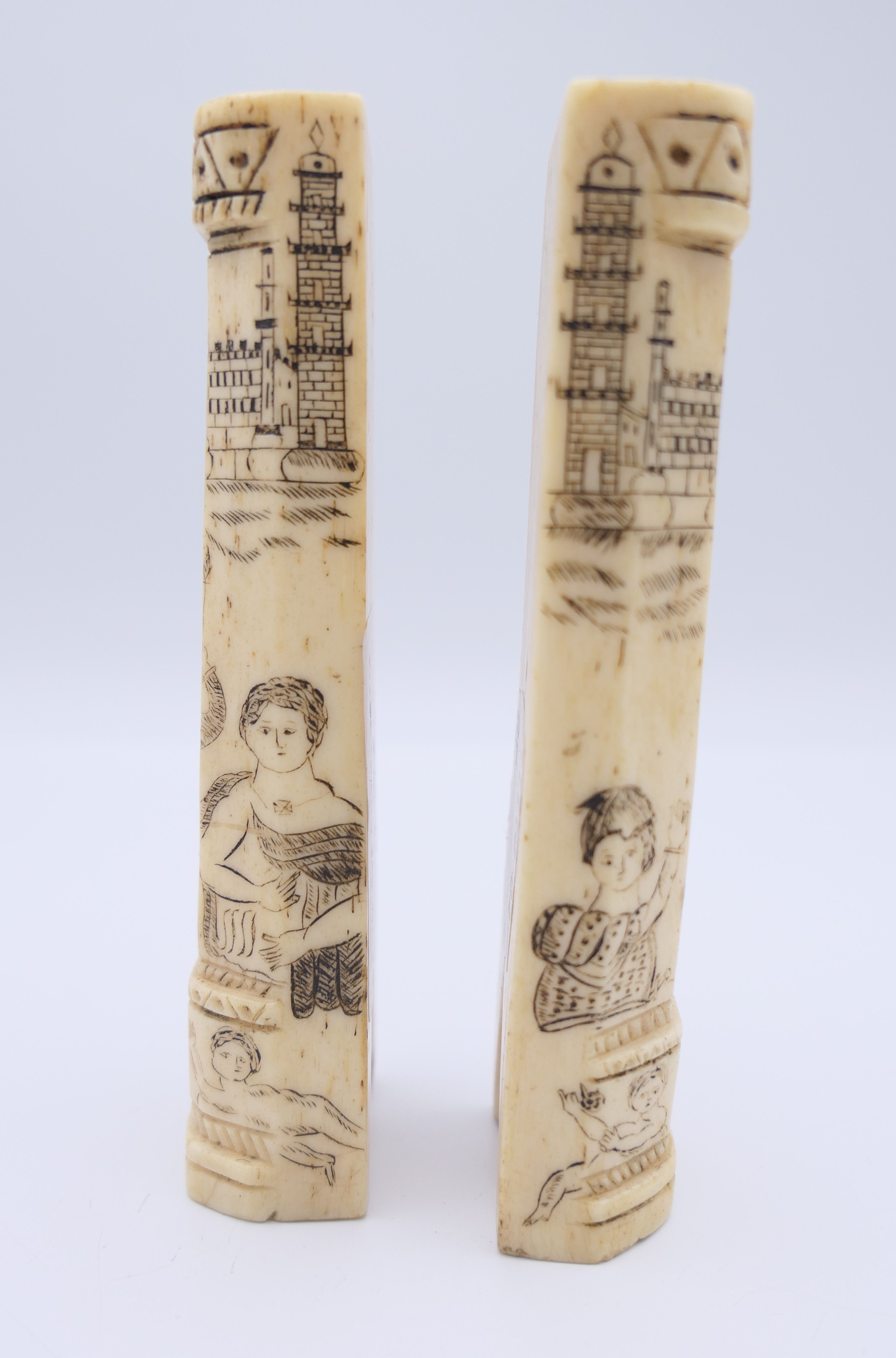 A pair of antique bone carvings, possibly Napoleonic Prisoner of War work. The largest 10 cm high. - Image 2 of 11