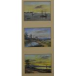 Three watercolours housed in a common glazed frame, each initialled TE. 24 x 42 cm overall.