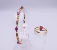 A 14 ct gold red stone and small diamonds ring and a 10 ct gold red stone set bracelet.