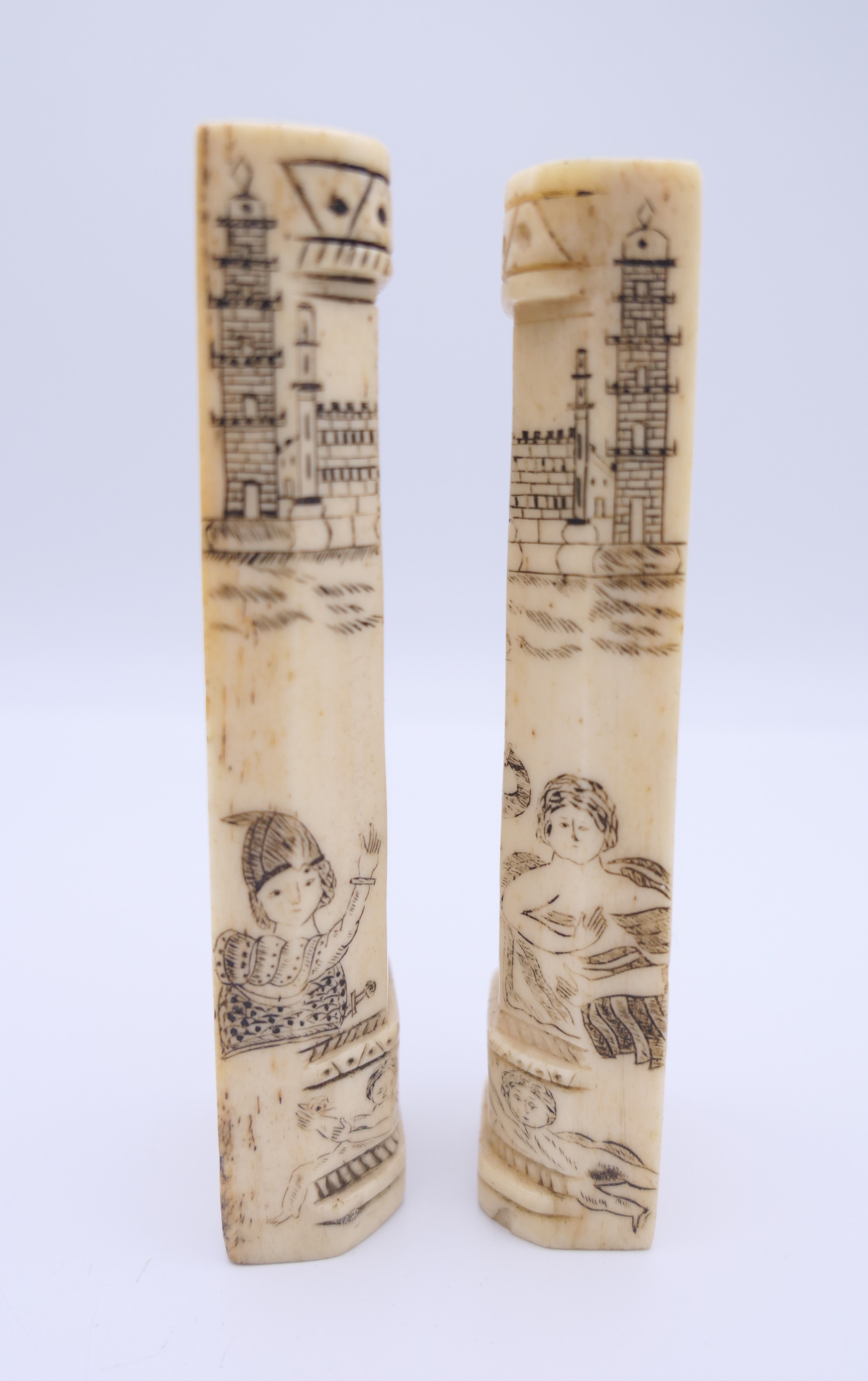 A pair of antique bone carvings, possibly Napoleonic Prisoner of War work. The largest 10 cm high. - Image 3 of 11