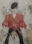 HARRY MORE GORDON, print of a Lady and Dog, framed and glazed. 29.5 x 41 cm.