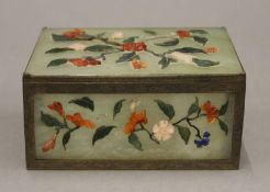 A Chinese hardstone set brass bound jade box. 12.5 cm wide.