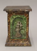 A Huntley and Palmers pedestal biscuit tin. 18 cm high.