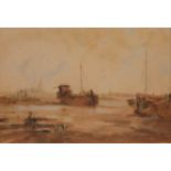 W DAVIES, Moored Boats, oil on board, framed. 46 x 31.5 cm.