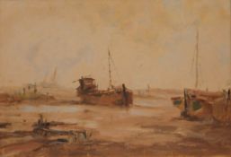 W DAVIES, Moored Boats, oil on board, framed. 46 x 31.5 cm.