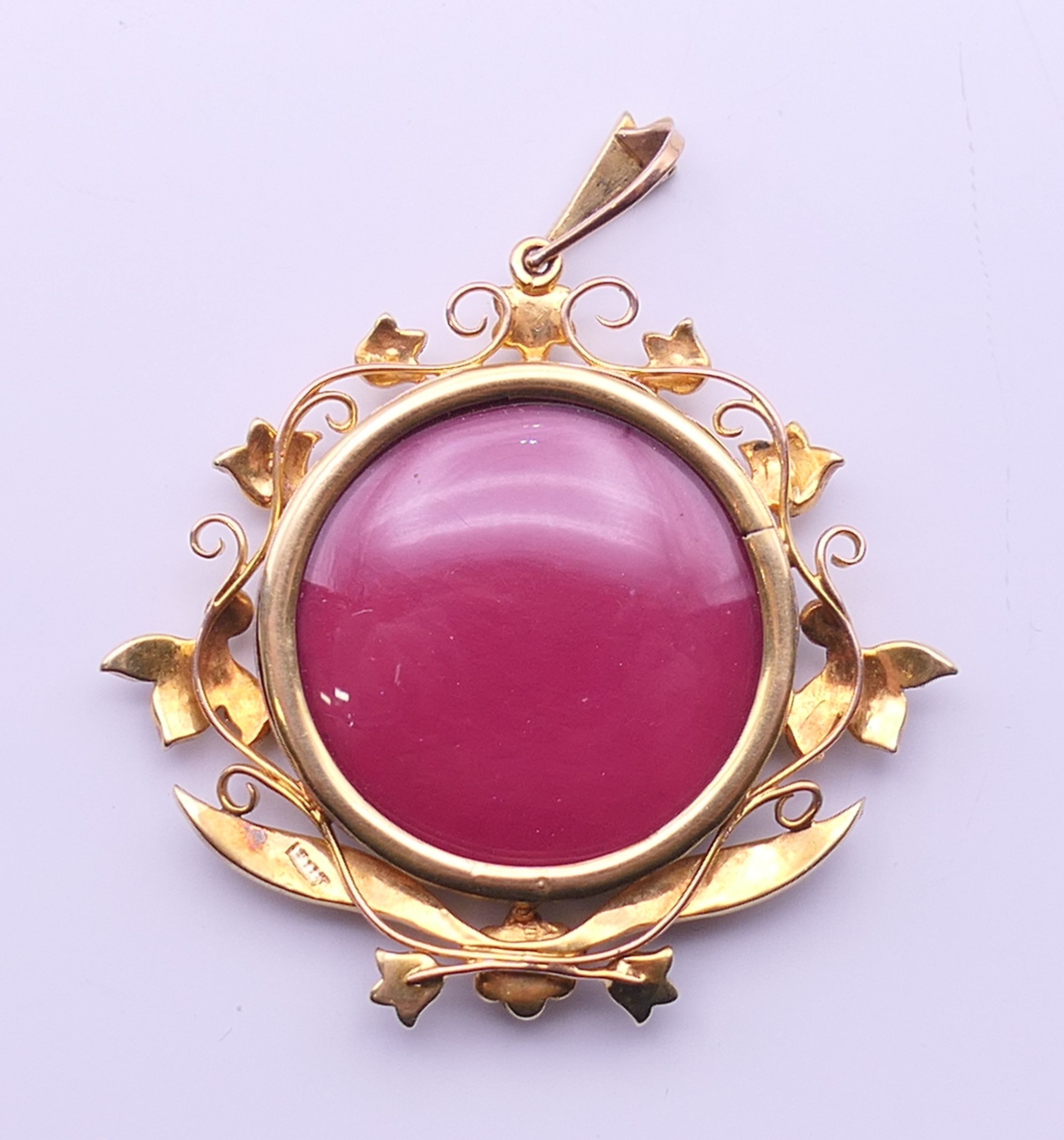 A gold and seed pearl pendant centred with a Satsuma porcelain plaque. 4 cm wide. - Image 9 of 13