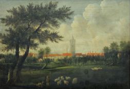 Sheep before a Church, oil on canvas, unsigned, framed. 61.5 x 43 cm.