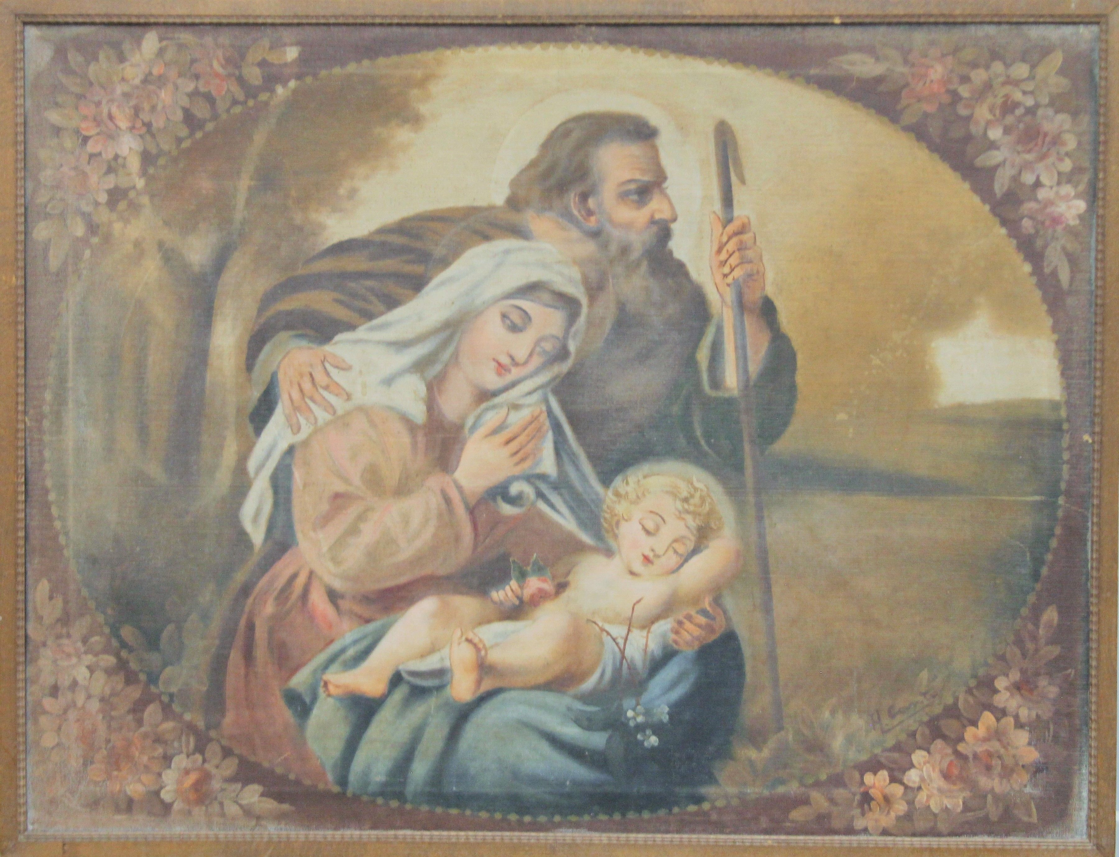 A large oil painting on fabric of The Virgin Mary, Child and Saint, signed H CONTRA, framed. 97. - Image 2 of 3