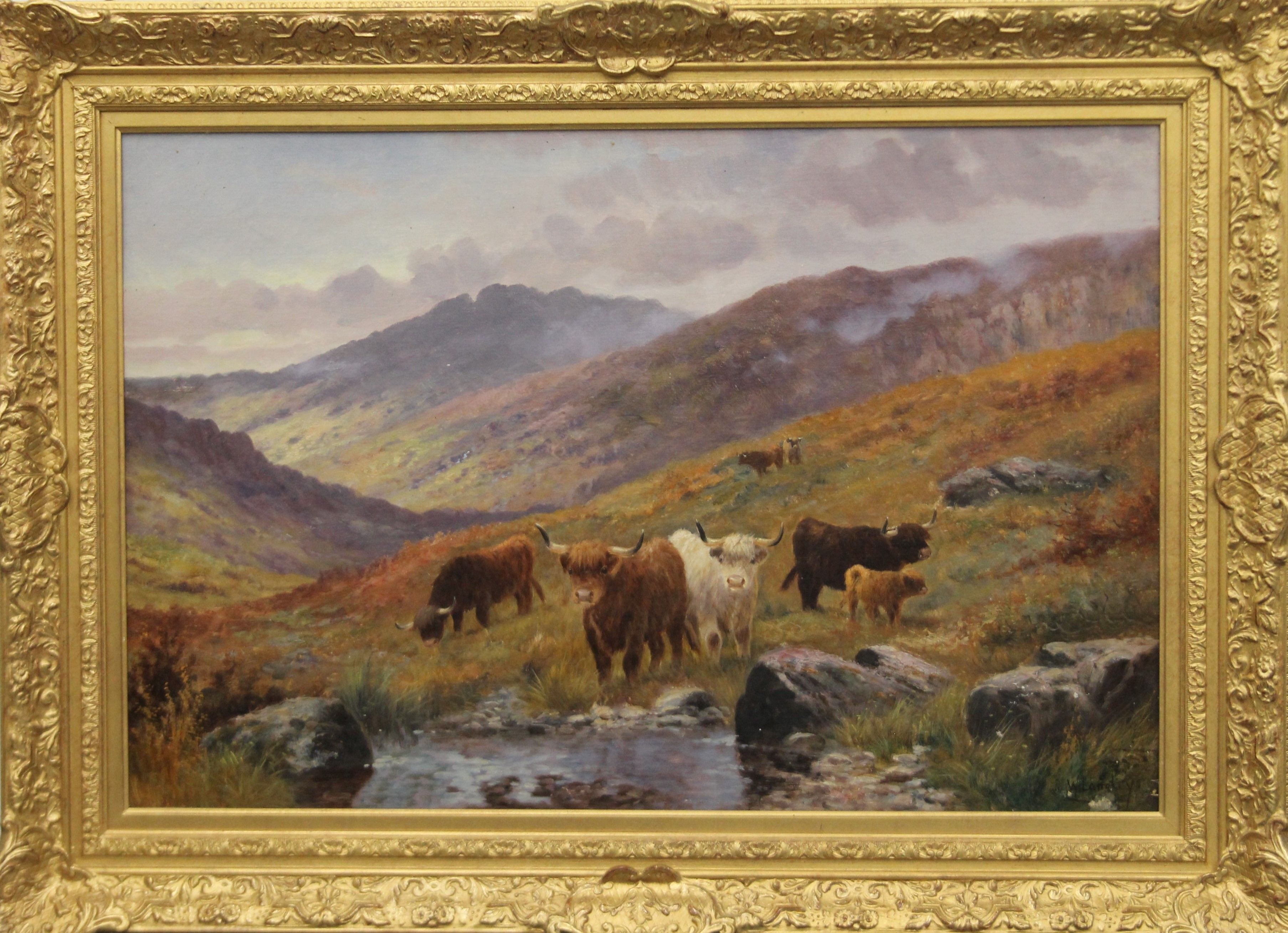 W LANGLEY, Highland Cattle within a Landscape, oil on canvas, signed, framed. 75 x 49 cm. - Image 2 of 3
