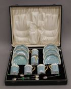 A cased Art Deco porcelain coffee set. The case 36 cm wide.