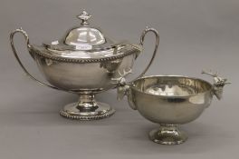 A large James Dixon silver plated tureen with ladle and a silver plated fruit bowl.