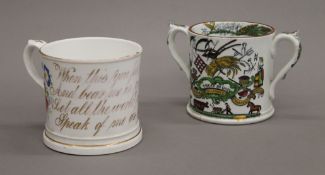 Two 19th century mugs 'The Husbands Diligence', together with Staffordshire Friendship mug.