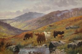 W LANGLEY, Highland Cattle within a Landscape, oil on canvas, signed, framed. 75 x 49 cm.