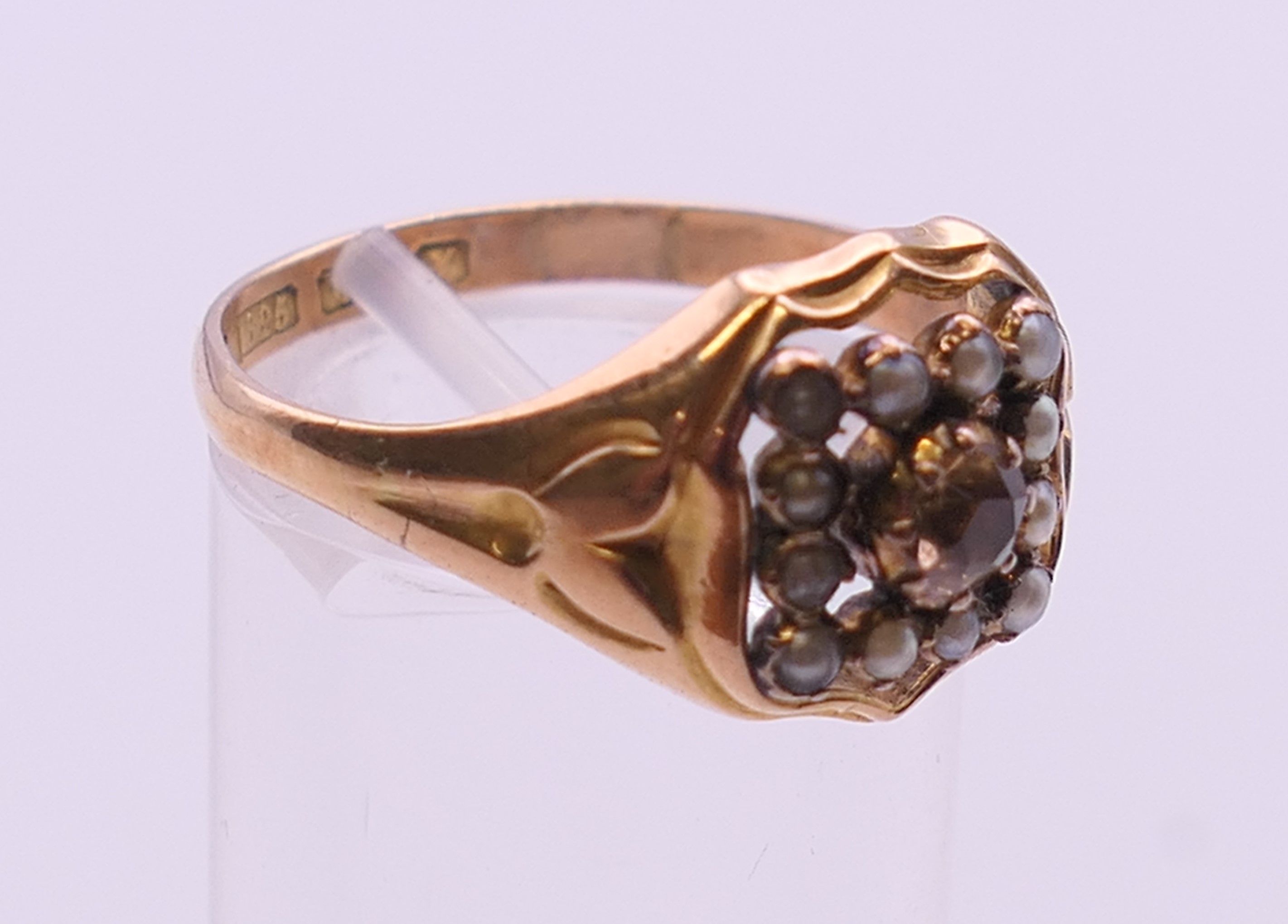 A 15 ct gold Imperial topaz and seed pearl ring, hallmarked 625. Ring size R/S. 4. - Image 2 of 5