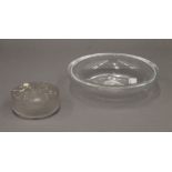 An R Lalique glass powder pot and a Lalique style glass dish. The former 8.5 cm diameter.