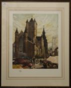 A large antique hand coloured etching of an European Market Scene with a Cathedral Behind,