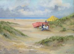 SHIRLEY CARNT (20th/21st century) British, Beach Scene, oil on canvas, signed, framed. 59 x 44 cm.