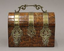 A Victorian brass bound burr walnut stationary box. 19 cm wide.