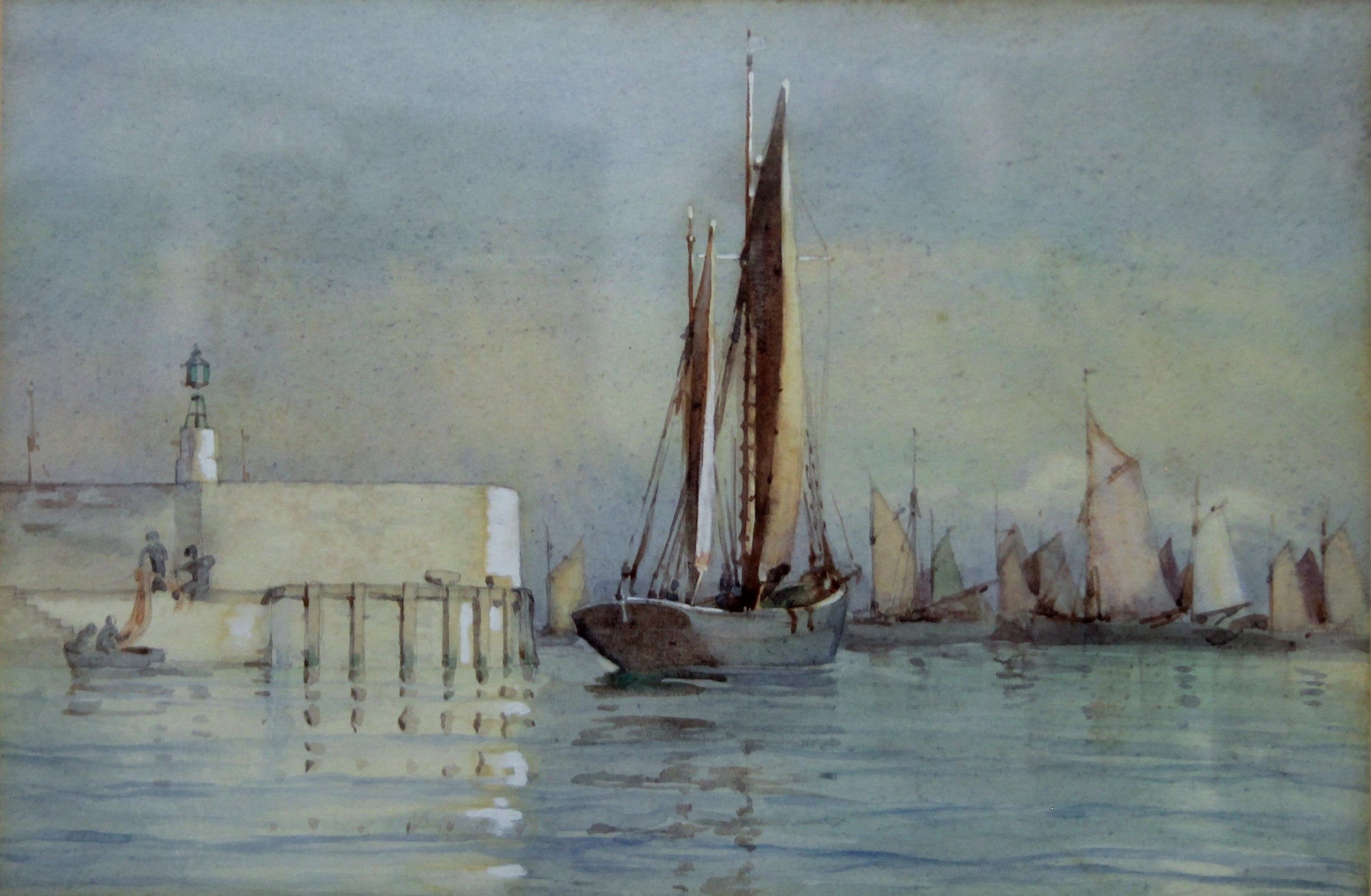 J E PLATT, Boats at a Harbour, watercolour, framed and glazed. 33 x 22 cm.