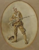 Boer War Soldier, watercolour, framed and glazed. 25.5 x 32.5 cm.