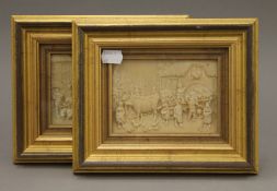 Five 19th century French relief plaques, two are framed. The latter each 22.5 x 18.5 cm.