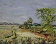 ANN FROSHAUG (born 1940) British (AR), Landscape, North East of Crimplesham, Norfolk, oil on board,