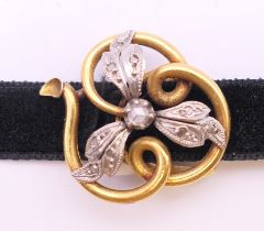 A Victorian gold rose diamond and pearl choker. 2 cm x 2.5 cm. 4.3 grammes total weight.