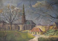 A large oil on canvas, Continental Church, framed. 95 x 69 cm.