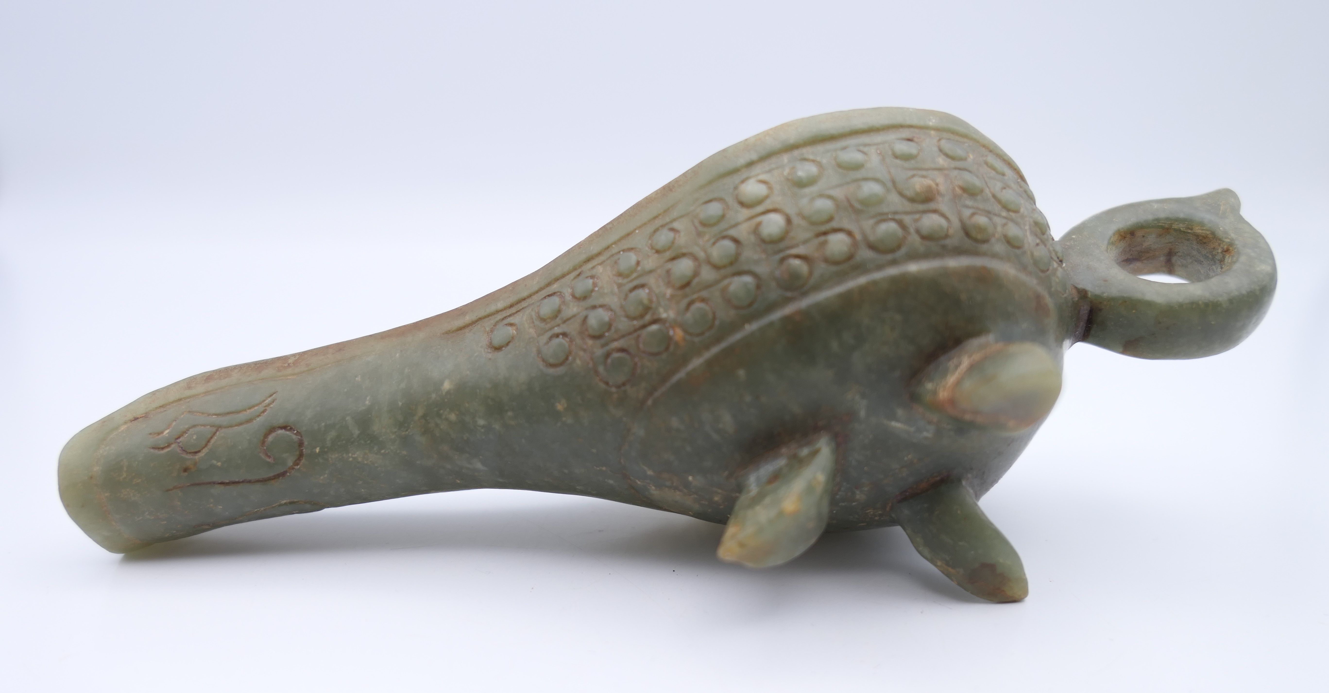 A Chinese green jade ceremonial wine cup, Eastern Han. 14 cm long. - Image 4 of 12