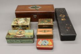 A quantity of various boxes and tins. The largest 30.5 cm long.