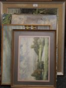A watercolour and four oil paintings. The largest 69 x 59 cm overall.