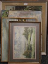 A watercolour and four oil paintings. The largest 69 x 59 cm overall.