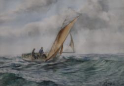 Morecombe Bay Prawner, watercolour, signed L Crisp, framed and glazed. 46 x 32.5 cm.