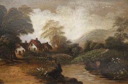 A 19th century oil on canvas, Rural Scene, housed in a gilt frame. 44 x 24.5 cm.