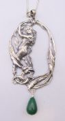 An Art Nouveau style pendant on chain. 9 cm high.