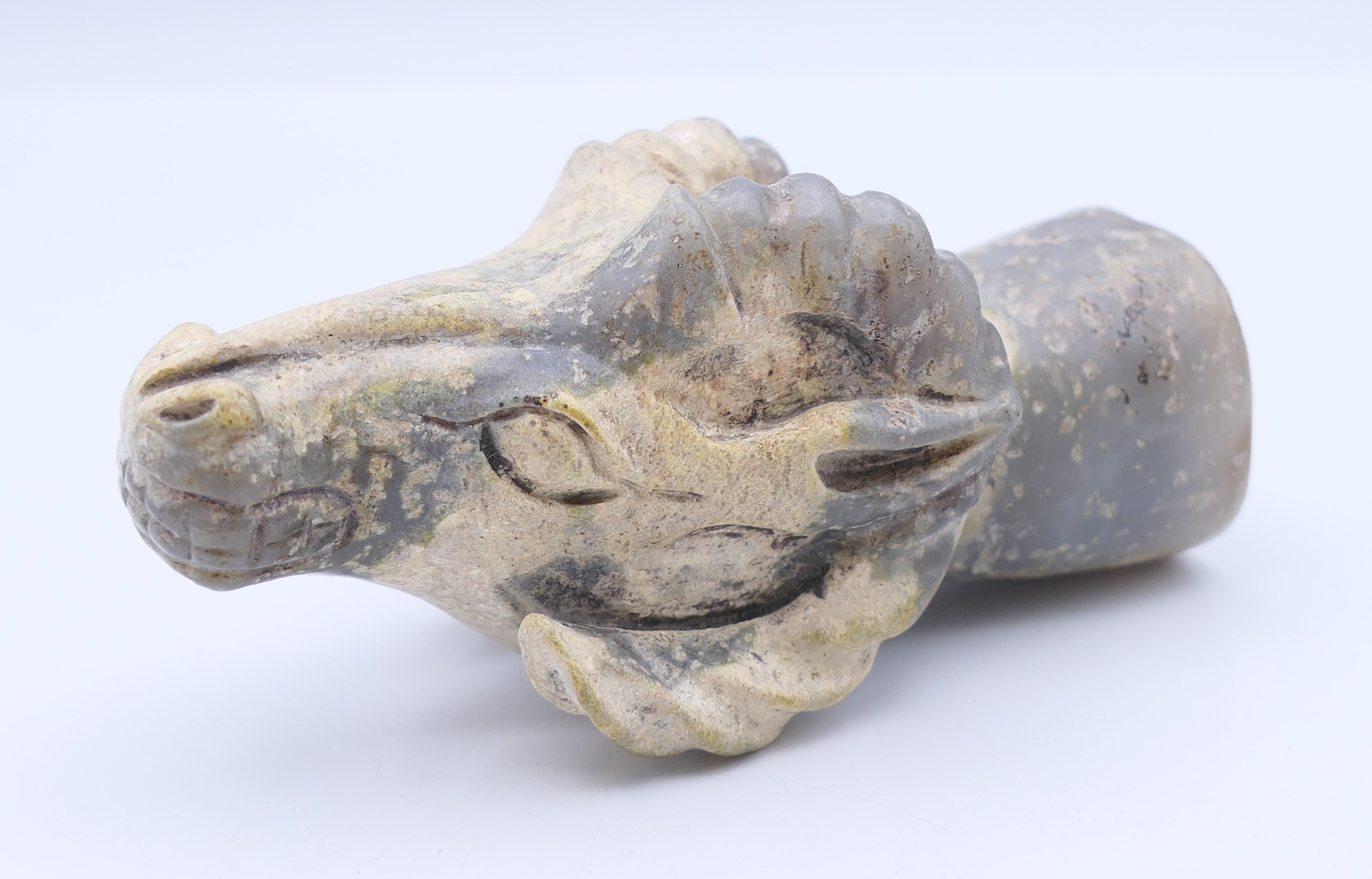 A Chinese white and grey jade rams head, Han Dynasty. 9.5 cm long. - Image 2 of 7