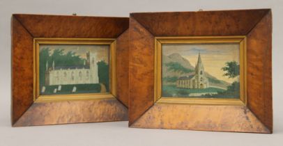 Two 19th century maple framed sand pictures of Churches. 21.5 x 18 cm overall.