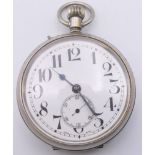 A Remontoir Perfectionne silver plated Goliath pocket watch. 6.5 cm diameter.