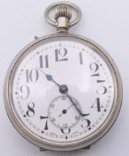 A Remontoir Perfectionne silver plated Goliath pocket watch. 6.5 cm diameter.