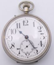 A Remontoir Perfectionne silver plated Goliath pocket watch. 6.5 cm diameter.