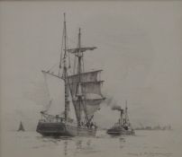 A pencil drawing of a Sailing Ship and a Tug Boat, signed S M Brown, framed and glazed. 17.