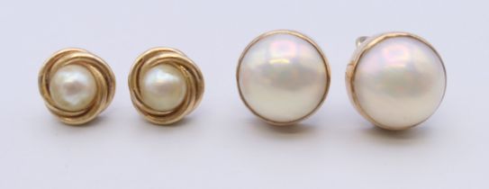 A pair of 9 ct gold and pearl earrings, together with another pair of earrings. The former 1.